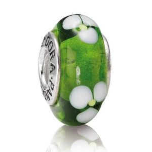 Pandora 925 Retired Green White Flowers Murano Glass Bead Charm